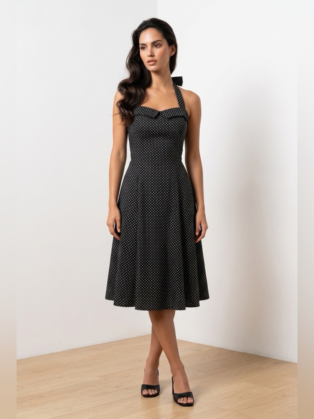 Vintage Jessica Black Polka Dot Halter Midi Dress